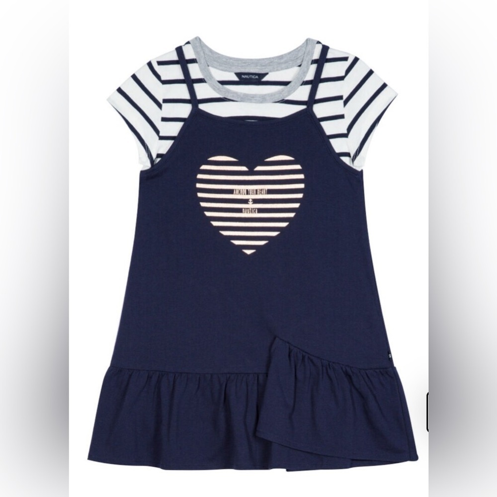 Nautica Girls Heart Logo +Striped Twofer Dress Sz Large 12-14